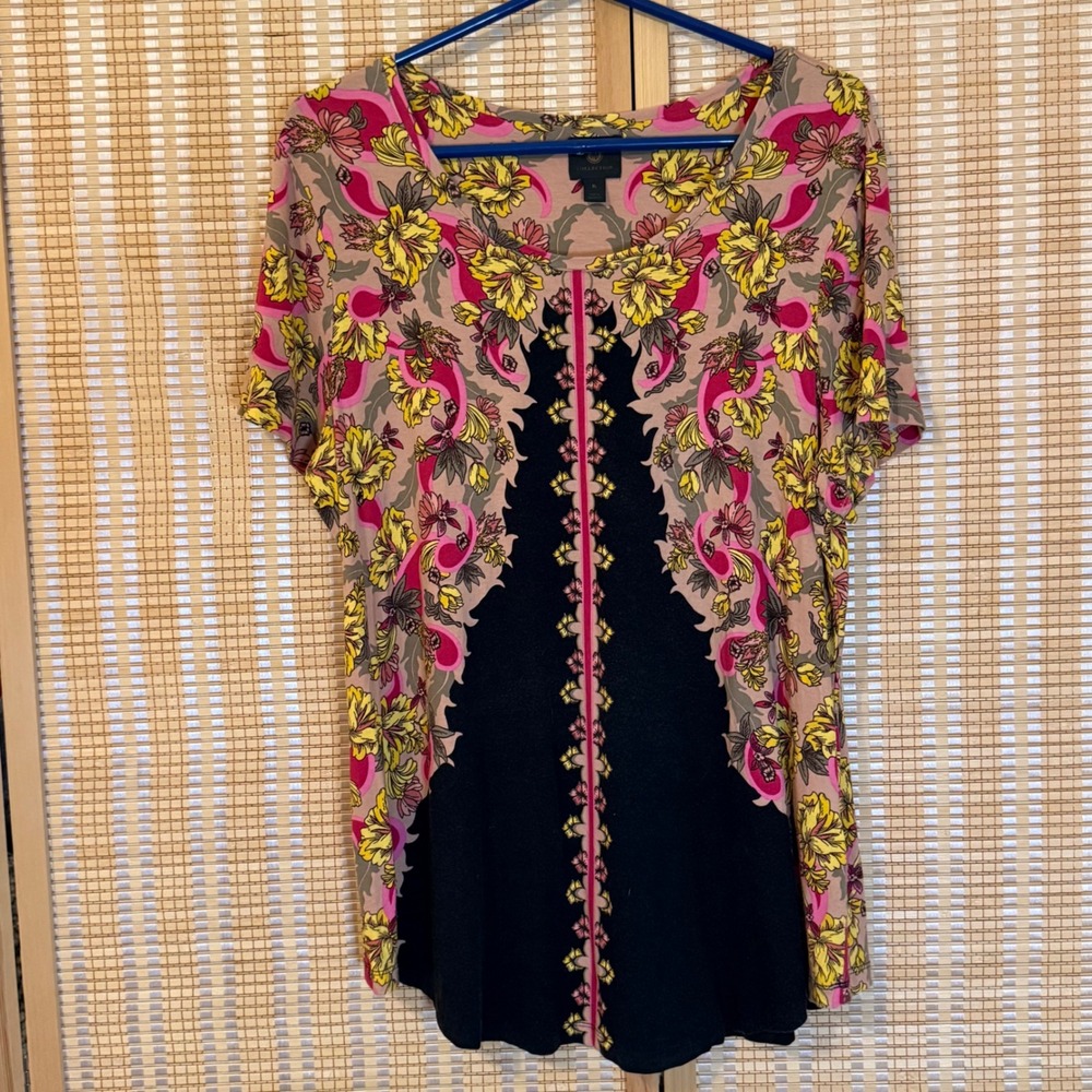 JM Collection Womens XL Floral Geometric Short Sleeve Scoop Neck Top Pink Yellow